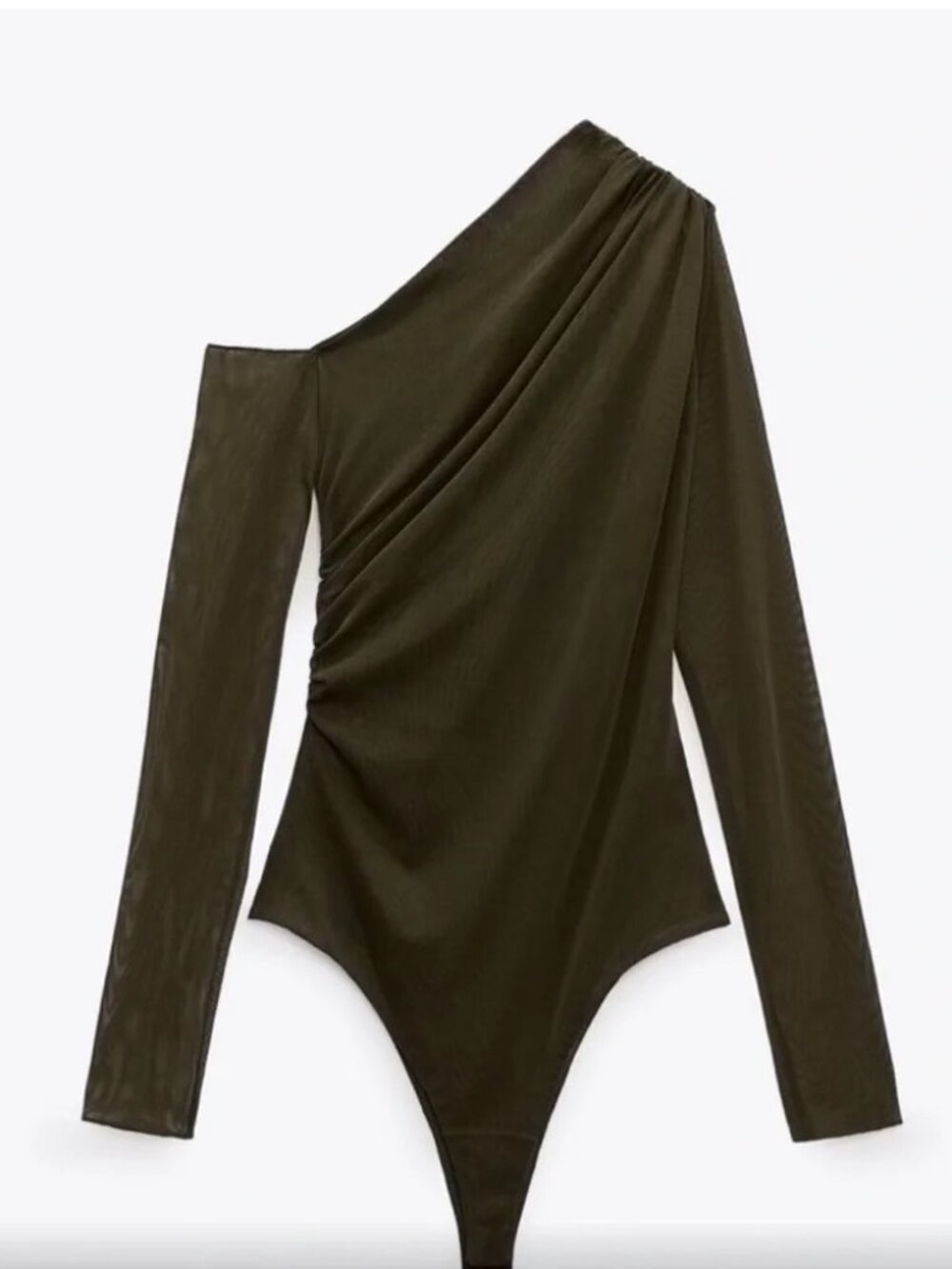 New Zara Mesh Asymmetrical Olive One-Shoulder Long-Sleeve Bodysuit Small